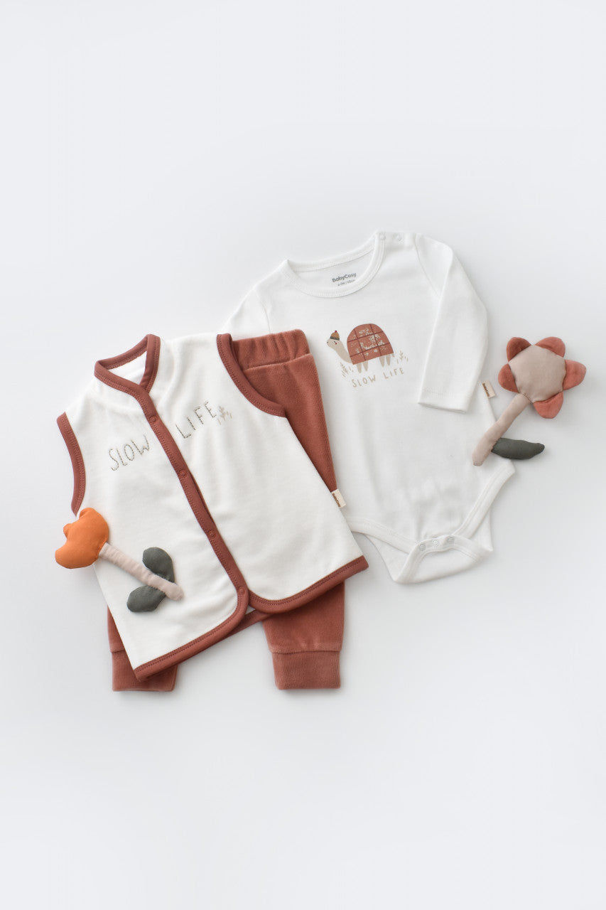 Set 3 piese Broscuta cu body, pantalonasi si vestuta din 80%bumbac organic si 20% poliester - , BabyCosy
